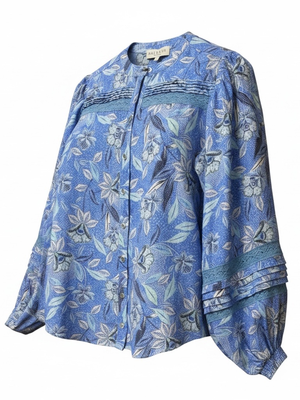 Hale Bob Long Sleeve Floral Lace Inset Linen Button Up Blouse Top Blue Large NEW